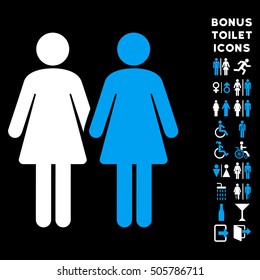 Lesbi Couple icon and bonus gentleman and female lavatory symbols. Vector illustration style is flat iconic bicolor symbols, blue and white colors, black background.