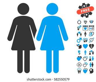 Lesbi Couple icon with bonus love design elements. Vector illustration style is flat iconic blue and gray symbols on white background.