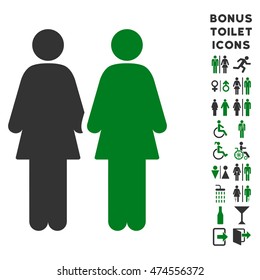 Lesbi Couple icon and bonus male and female toilet symbols. Vector illustration style is flat iconic bicolor symbols, green and gray colors, white background.