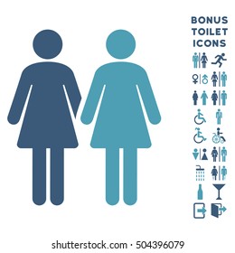 Lesbi Couple icon and bonus man and female lavatory symbols. Vector illustration style is flat iconic bicolor symbols, cyan and blue colors, white background.