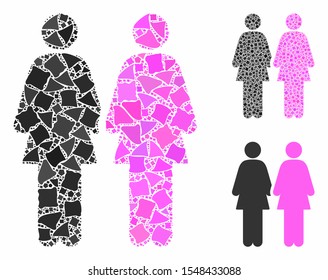 Lesbi couple mosaic of tuberous pieces in different sizes and color tints, based on lesbi couple icon. Vector tremulant pieces are composed into collage.