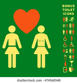 Lesbi Love Pair icon and bonus male and woman lavatory symbols. Vector illustration style is flat iconic bicolor symbols, orange and yellow colors, green background.