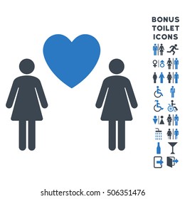 Lesbi Love Pair icon and bonus male and female toilet symbols. Vector illustration style is flat iconic bicolor symbols, smooth blue colors, white background.