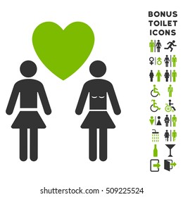 Lesbi Love Pair icon and bonus man and lady restroom symbols. Vector illustration style is flat iconic bicolor symbols, eco green and gray colors, white background.
