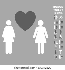 Lesbi Love Pair icon and bonus man and lady toilet symbols. Vector illustration style is flat iconic bicolor symbols, dark gray and white colors, silver background.