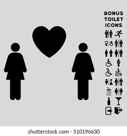 Lesbi Love Pair icon and bonus gentleman and lady restroom symbols. Vector illustration style is flat iconic symbols, black color, light gray background.