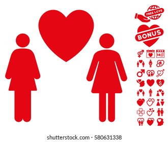 Lesbi Love Pair icon with bonus marriage pictograms. Vector illustration style is flat iconic red symbols on white background.