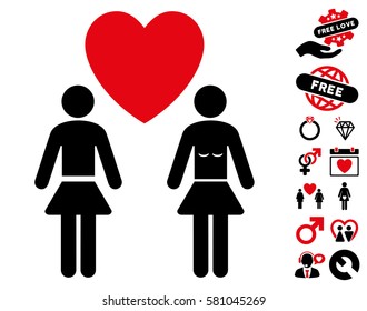 Lesbi Love Pair icon with bonus decorative pictures. Vector illustration style is flat iconic intensive red and black symbols on white background.