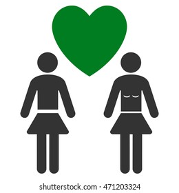 Lesbi Love Pair icon. Vector style is bicolor flat iconic symbol with rounded angles, green and gray colors, white background.