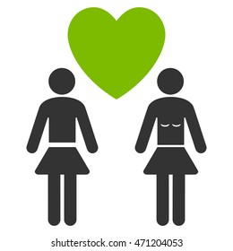 Lesbi Love Pair icon. Vector style is bicolor flat iconic symbol with rounded angles, eco green and gray colors, white background.