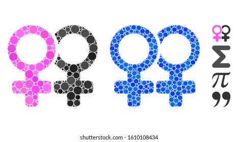 Lesbi pair symbol composition of round dots in various sizes and shades, based on lesbi pair symbol icon. Vector round dots are united into blue mosaic.