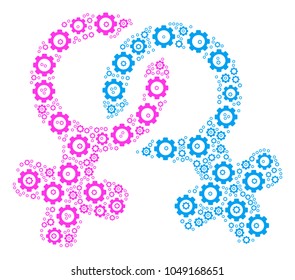 Lesbi Symbol composition of gearwheels. Vector gear symbols are united into lesbi symbol figure.