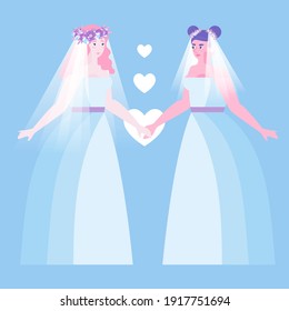 Pareja de novias lesbianas - arte vector aislado. Boda lesbiana, pareja gay. Dos jóvenes homosexuales vestidas de matrimonio se toman de la mano con amor
