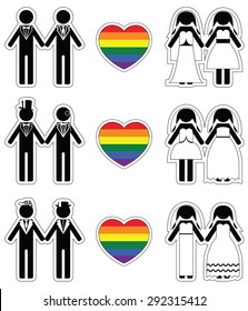 Lesbian brides and gay grooms icon 2 set with rainbow element
