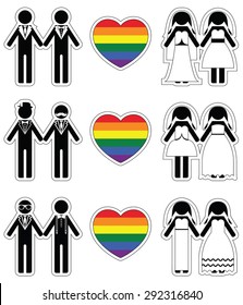 Lesbian brides and gay grooms icon 2 set with rainbow element
