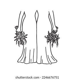 lesbian brides stand in front of the viewer hugging and holding brides bouquets - doodle sketch of a lesbian couple hugging at their wedding	