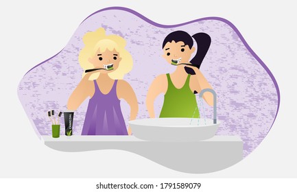 Lesbian couple in the bathroom brushing teeth with bamboo toothbrushes and charcoal toothpaste. Morning routine, Dental health concept stock illustration.