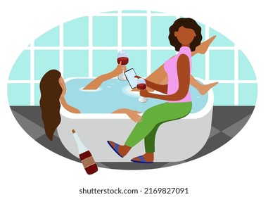 Lesbian couple in the bathroom. A white girl lies in the bathroom with a glass of wine in her hand, a black girl sits on the edge of the bathroom, also with a glass of wine and a phone.