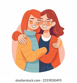 Lesbian Couple being loving and happy. Two gay girls kissing. Pride community concept. Hand drawn Vector illustration. Isolated on white background, flat colors, outline