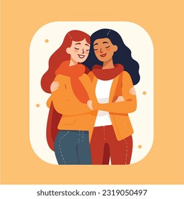 Lesbian Couple being loving and happy. Two gay girls kissing. Pride community concept. Hand drawn Vector illustration. Isolated on white background, flat colors, outline