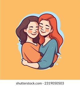 Lesbian Couple being loving and happy. Two gay girls kissing. Pride community concept. Hand drawn Vector illustration. Isolated on white background, flat colors, outline