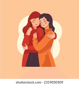 Pareja lesbiana siendo cariñosa y feliz. Dos chicas gay besándose. El concepto de comunidad de orgullo. Ilustración de vectores dibujada a mano. Aislado sobre fondo blanco, colores planos, contorno