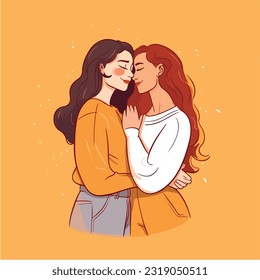 Lesbian Couple being loving and happy. Two gay girls kissing. Pride community concept. Hand drawn Vector illustration. Isolated on white background, flat colors, outline