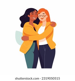 Lesbian Couple being loving and happy. Two gay girls kissing. Pride community concept. Hand drawn Vector illustration. Isolated on white background, flat colors, outline