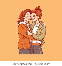 Lesbian Couple being loving and happy. Two gay girls kissing. Pride community concept. Hand drawn Vector illustration. Isolated on white background, flat colors, outline