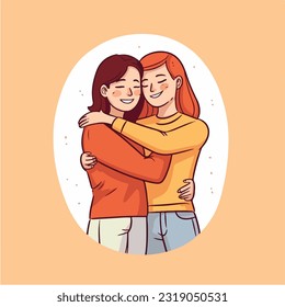 Lesbian Couple being loving and happy. Two gay girls kissing. Pride community concept. Hand drawn Vector illustration. Isolated on white background, flat colors, outline