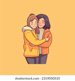 Lesbian Couple being loving and happy. Two gay girls kissing. Pride community concept. Hand drawn Vector illustration. Isolated on white background, flat colors, outline