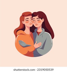 Lesbian Couple being loving and happy. Two gay girls kissing. Pride community concept. Hand drawn Vector illustration. Isolated on white background, flat colors, outline