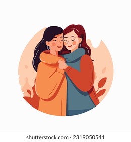 Lesbian Couple being loving and happy. Two gay girls kissing. Pride community concept. Hand drawn Vector illustration. Isolated on white background, flat colors, outline