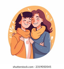 Lesbian Couple being loving and happy. Two gay girls kissing. Pride community concept. Hand drawn Vector illustration. Isolated on white background, flat colors, outline