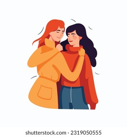 Lesbian Couple being loving and happy. Two gay girls kissing. Pride community concept. Hand drawn Vector illustration. Isolated on white background, flat colors, outline