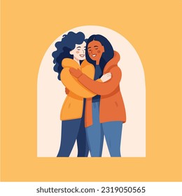 Lesbian Couple being loving and happy. Two gay girls kissing. Pride community concept. Hand drawn Vector illustration. Isolated on white background, flat colors, outline