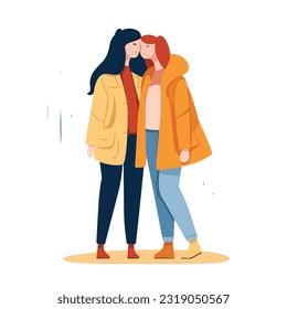 Lesbian Couple being loving and happy. Two gay girls kissing. Pride community concept. Hand drawn Vector illustration. Isolated on white background, flat colors, outline