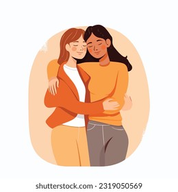 Lesbian Couple being loving and happy. Two gay girls kissing. Pride community concept. Hand drawn Vector illustration. Isolated on white background, flat colors, outline