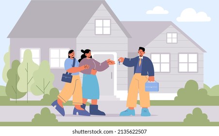 Las parejas de lesbianas compran una casa nueva, un agente da llaves de cabaña a personajes femeninos tomados de la mano. Familia homosexual comprando bienes inmuebles, préstamo hipotecario o compra de vivienda Ilustración del vector de la línea de arte