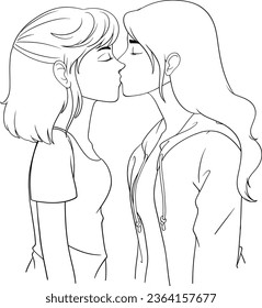 Lesbian couple cartoon kissing outline doodle illustration