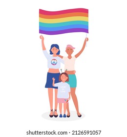 Lesbian couple with child holding rainbow flag. Lgbt community and parenting rights cartoon vector illustration