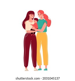 Lesbian couple with child. LGBT family. Womens parents. Homosexual romantic relationship. Vector cartoon illustration