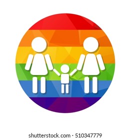 Lesbian couple with child and ring rainbow frame isolated on black background. LGBT family symbol. Gay family symbol. Design element for flyers or banners.