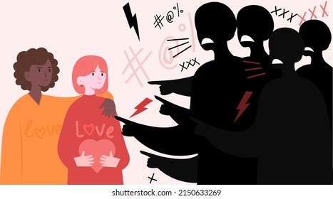 Lesbian Couple Defends Themselves From Bullying. Public Pressure On Non-binary People. Social Problems Of Modern Society. Rejection Of The LGBTQ Community. Flat Vector Illustration	