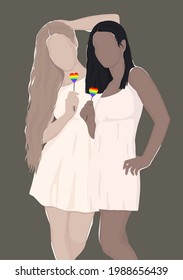 lesbian couple  from different ethnic groups holding rainbow hearts. vector flat illustration in support of lgbt for pride month. Human rights. LGBTQ. for postcards, posters, magazine or book cover