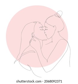 Lesbian Couple, Family. Girls Are Kissing. Homosexual Love, Romantic, Kiss. Women. LGBT Family. Vector Isolated Black And White Line Drawing. One Continuous Line Illustration.