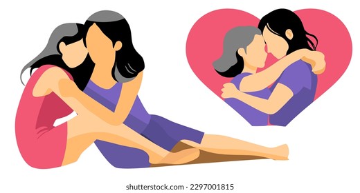 Lesbian couple flat design illustration. Portrait of two beautiful girls in an intimate abstraction. Interacial women with romantic same sex partner are flirting, hugging, kissing. LGBTQ love
