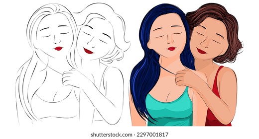 Lesbian couple flat design illustration. Portrait of two beautiful girls in an intimate abstraction. Interacial women with romantic same sex partner are flirting, hugging, kissing. LGBTQ love
