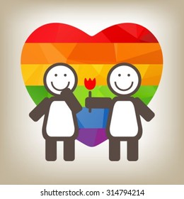 Lesbian couple with flower isolatedon a gray background. Gay rainbow heart. LGBT couple symbol. Gay love symbol. Design element for flyers or banners. Valentine's Day card.