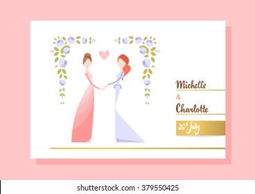 Lesbian couple getting maried. Two women holding hands. Vector illustration eps 10